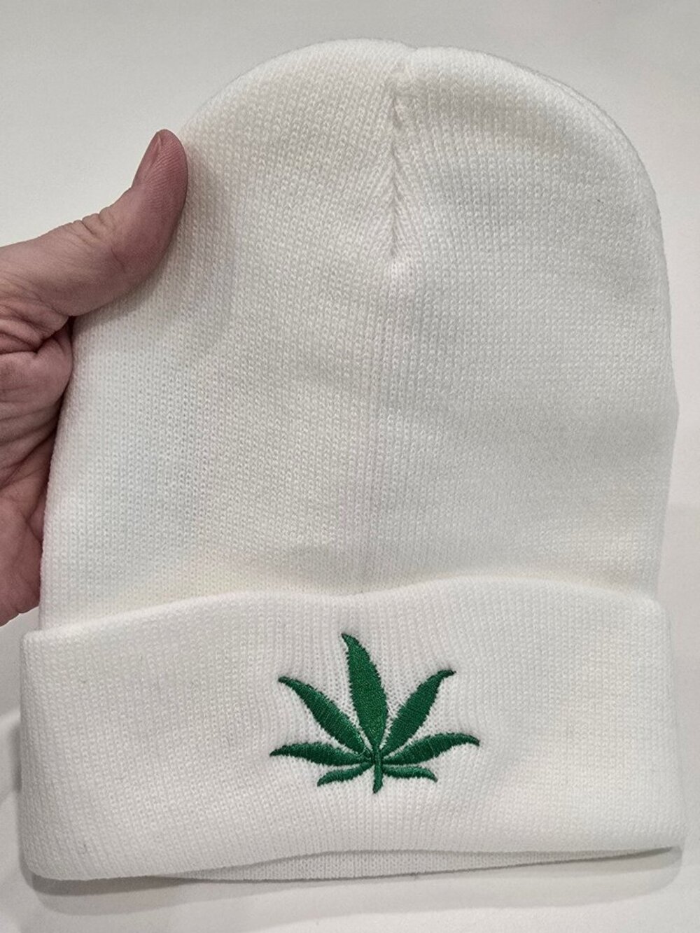 White Knit Beanie ✦ With Green Cannabis Leaf Embroidery ✦ Warm Stretch OS Unisex - Picture 3 of 8